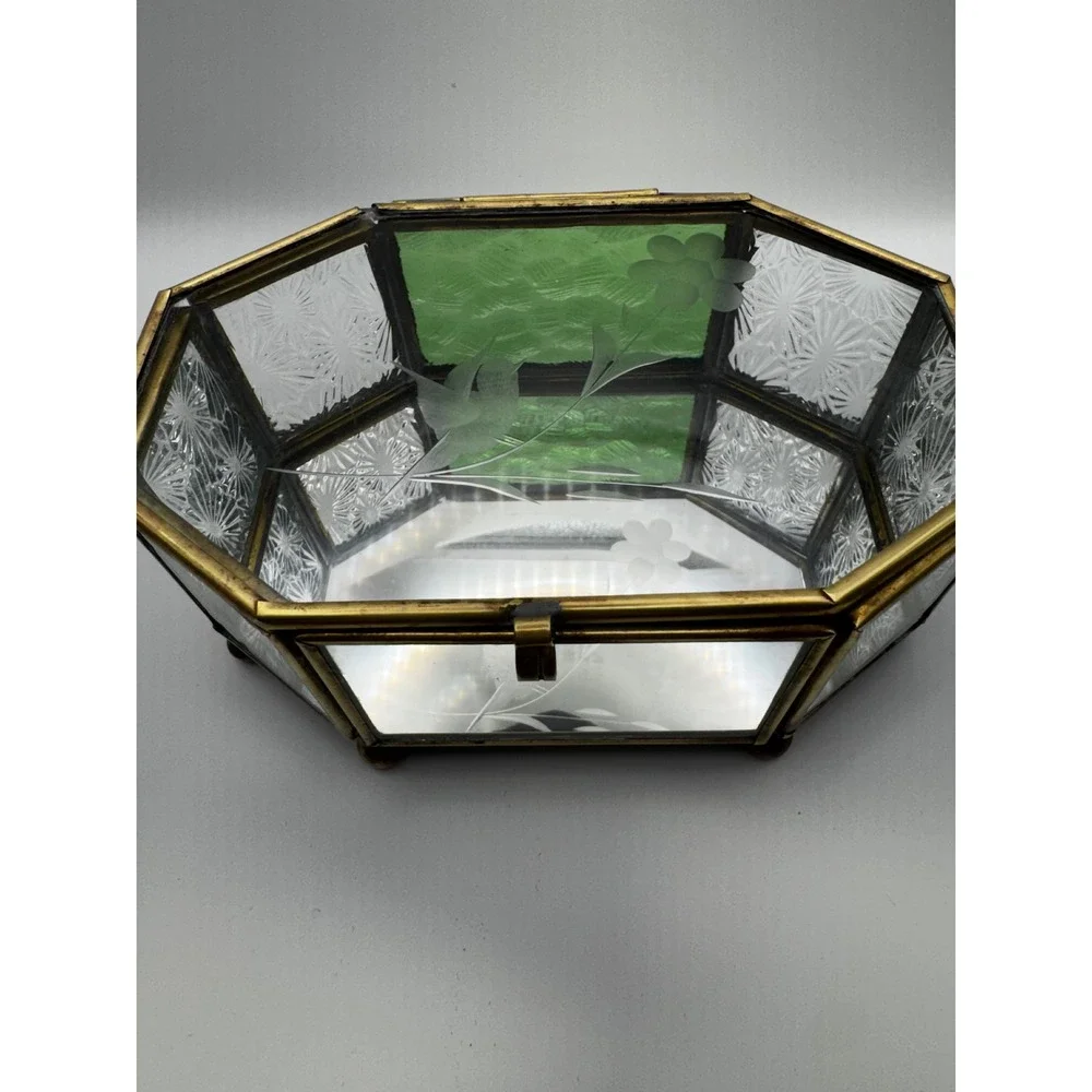 1980's Octagonal Glass Jewelry Box with brass tone frame Etched
